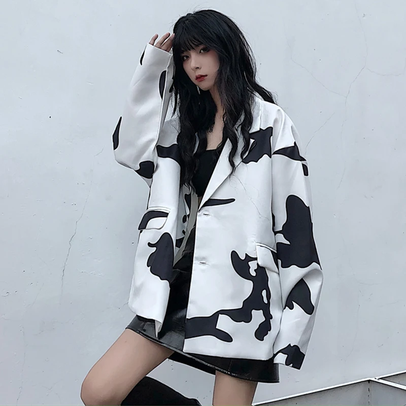 Vintage Streetwear Cow Pattern Long Sleeve Blazer Jacket Women Man Casual Single Breasted Pockets Loose Blazer Outerwear 2020