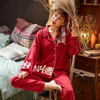 

Autumn Winter Women Pyjamas Sets pajamas Red Long Sleeve Sleepwear Suit Soft Warm nightgown Female Cotton Print Pijama Mujer