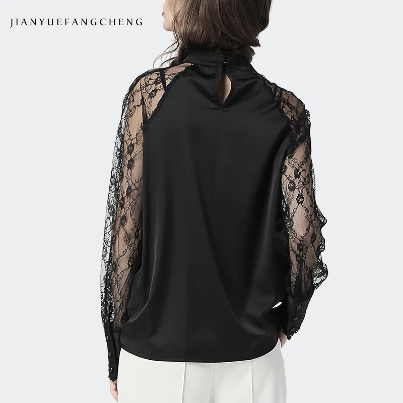 Модная кружевная Женская атласная блузка, Черная открытая блузка с длинными рукавами, блузка со стоячим воротником, элегантная свободная, большие размеры корейский стиль, осенний Топ