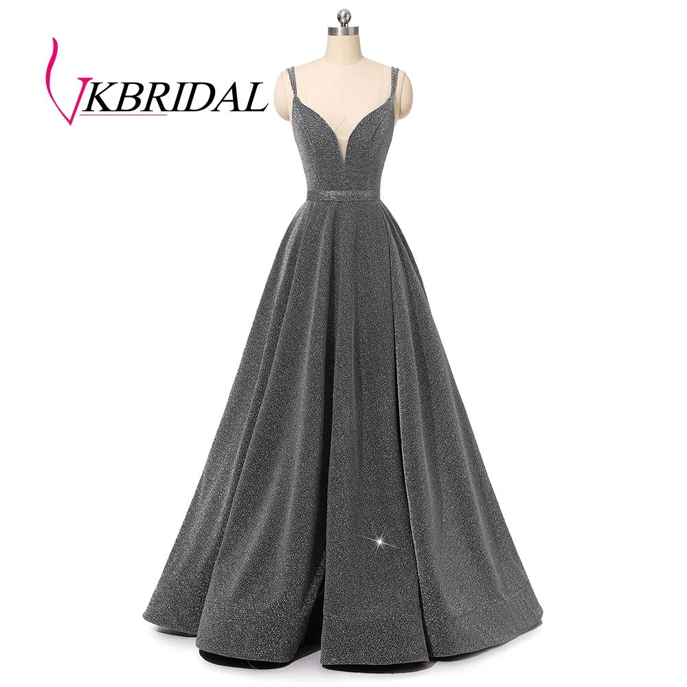 

Vkbridal Sparkle Long Evening Dress 2019 Sexy V-Neck High Split Grey Robe de Soiree Formal Prom Gowns with Pockets