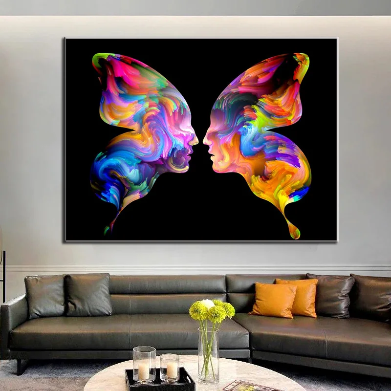 

Abstract Face to Face Portrait And Butterfly Wall Art Canvas Painting Creative Poster and Prints Modern Bedroom Interior Decor