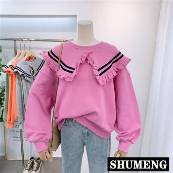 

Korean Style Solid Color Ruffled Collar Loose Sweatshirt College Style Pullover Hoody Women's Fashion Cotton Hoodie Coat Tops