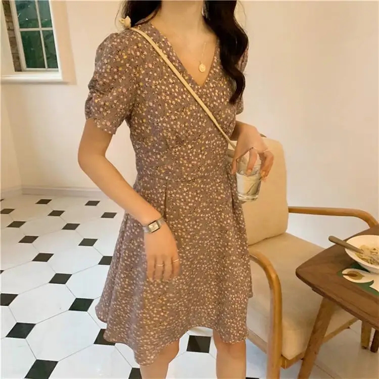 Dress Women Summer Purple High Waist Midi Elegant Floral Sweet V-neck Short Sleeve Slim Trendy Casual Daily Female Ruffled Chic