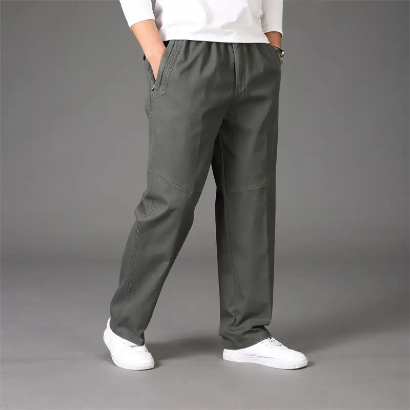 Облегающие осенние и зимние мужские повседневные брюки среднего возраста, толстые хлопковые вымытые брюки, мужские брюки для папы с высокой талией, свободные прямые - Цвет: Армейский зеленый