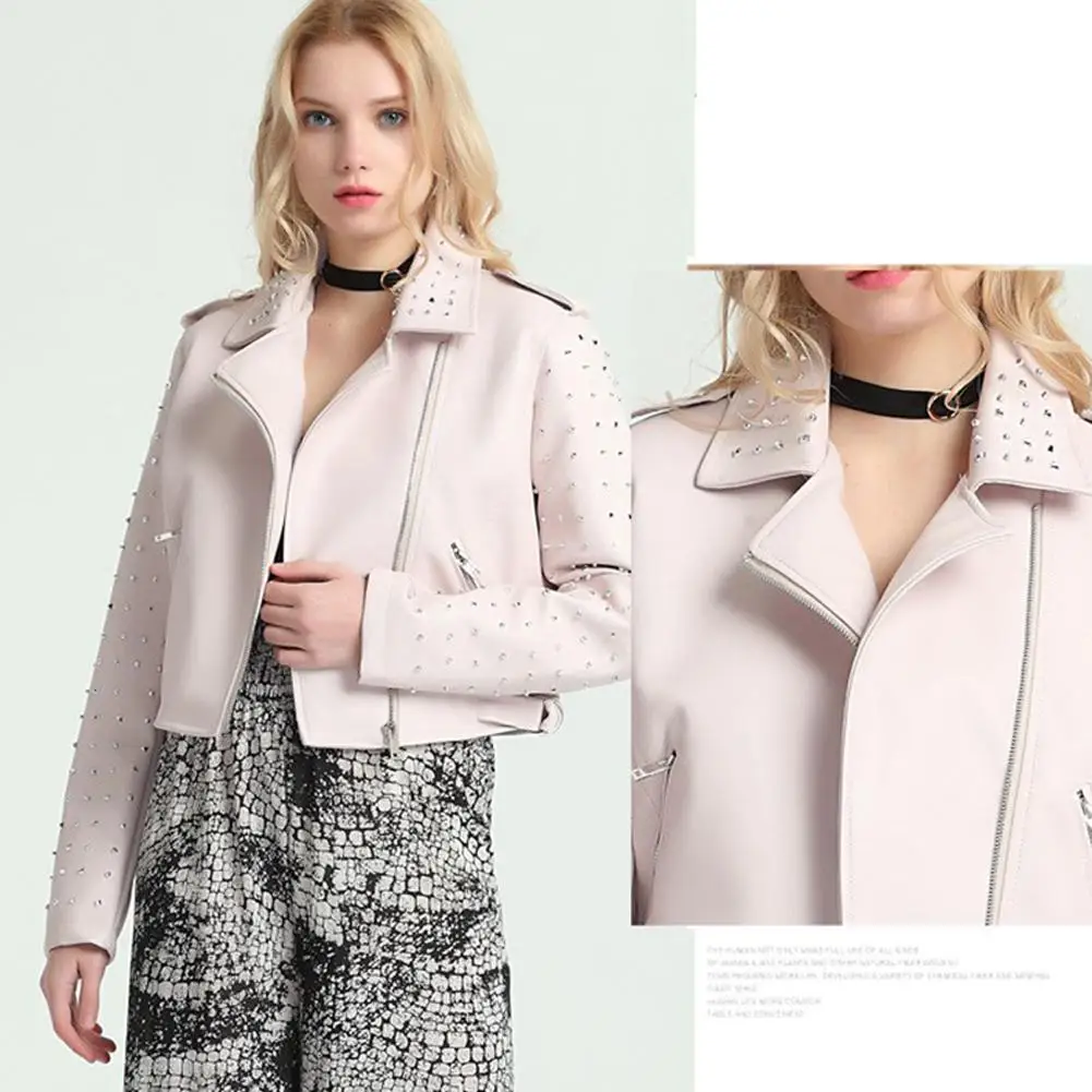 Yfashion женские Куртки из искусственной кожи осеннее Женское пальто куртка на молнии с бусинами для ногтей в стиле панк тонкая женская куртка модная уличная