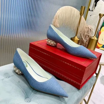 

Retro Pearl Pointed Toe Women Single Shoes Blue Med Heels Genuine Leather Ladies Dress Shoes Brand Zapatos De Mujer De Fiesta