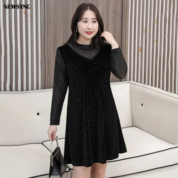 

NEWSYNC Women Dress New Summer Spring 2020 New Fashion Long Sleeve Big Size 5XL Ladies Euro 48 50 Female O-neck Pleuche Dresses