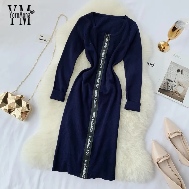 Синий YornMona Women Designer Casual Dress Letter Zipper O-neck Knitted Bodycon Dress Winter Elegant Ladies Office Dress Vestidos - Цвет: Синий