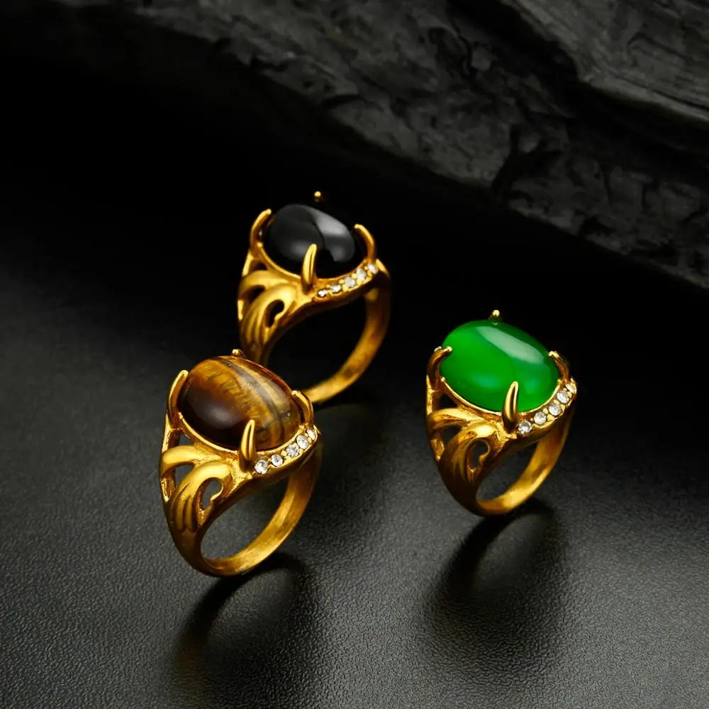 

Women Vintage Punk Setting Black onyx/Tiger eye Ring Stainless Steel Gold Prone Stone Ring for Women Wedding Rings Jewelry