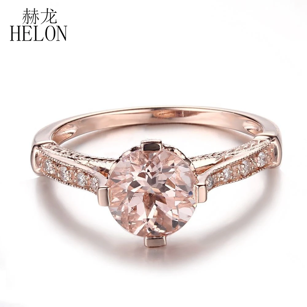 

HELON Настоящее 14K розовое золото безупречные круглые 7 мм подлинный морганит и бриллиант обручальное кольцо женское винтажное антикварное стильное изысканное ювелирное изделие