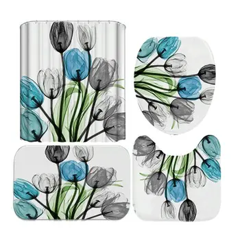 

4PCS/Set Shower Curtain Floor Mat U Shape Mat Toilet Lid Cover Bath Curtain