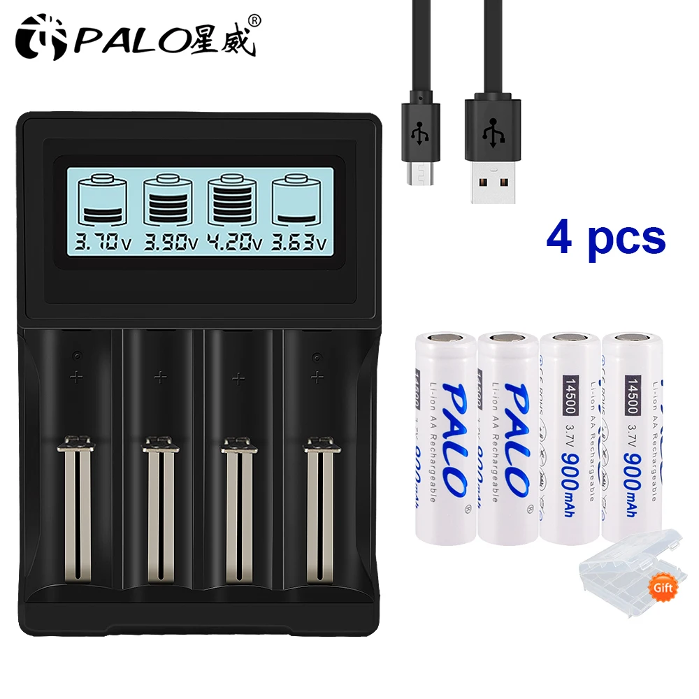 PALO 3.7V 18650 battery charger for 18650 26650 16340 14500 lithium battery+14500 AA Li-Ion Rechargeable Battery - Цвет: 4pcs and charger