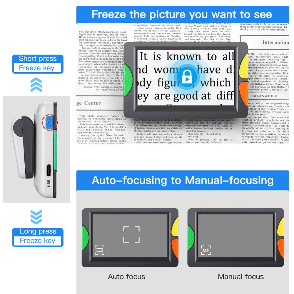 Eyoyo Handheld Portable Digital Magnifier 4.3 Inch Screen 2X-12X Zoom Electric Reading Aid 2 LED lights Foldable for Low Vision