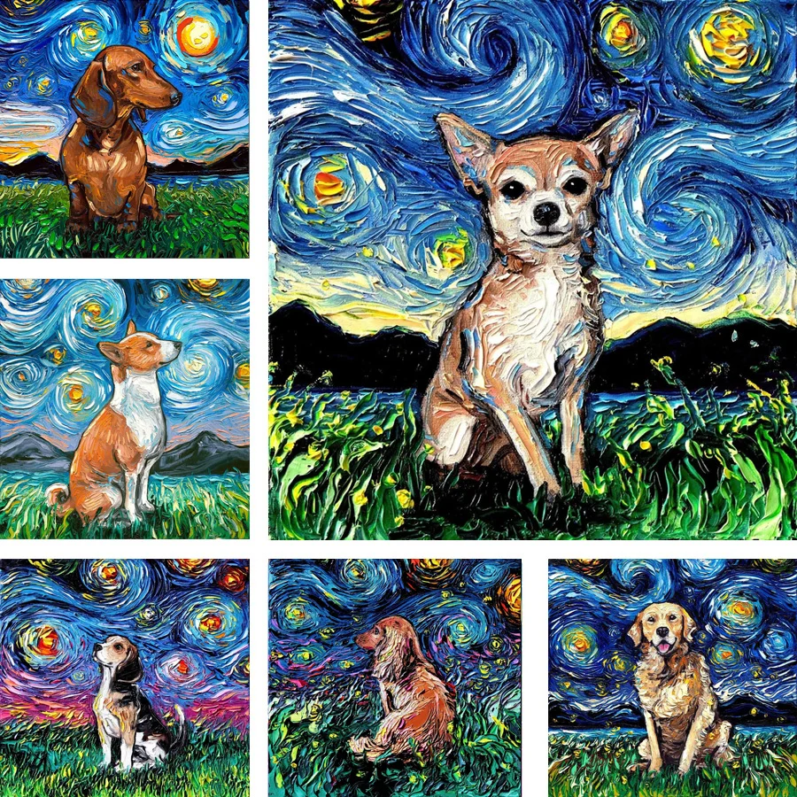 Dachshund Starry Night Diamond Painting  Diamond Painting Van Gogh Starry  Night - Diamond Painting Cross Stitch - Aliexpress