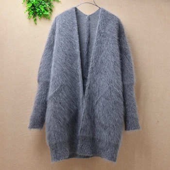 

Ladies women winter thick long plush mink cashmere cardigans loose long sleeves angora fur sweater V-neck knitwear coat jacket