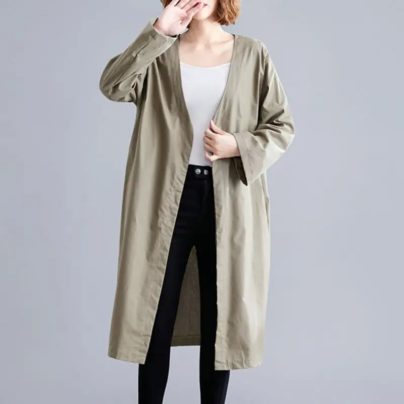 

2019 Spring Autumn Casual Linen Windbreaker Women Japan Korean Fashion Cape Jacket Solid Khaki Plus Size Slim Coat OL Cardigan