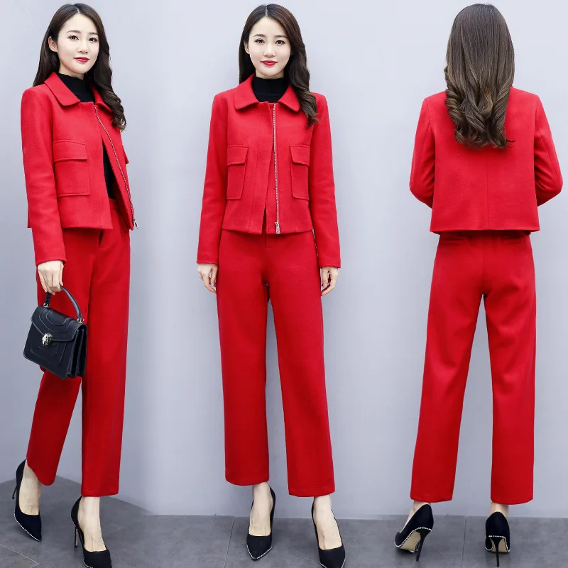 

2019 Autumn Solid Color Fold-down Collar Zipper Two-Piece Set Comfortable Casual Simple Fashion Slim Fit Slimming