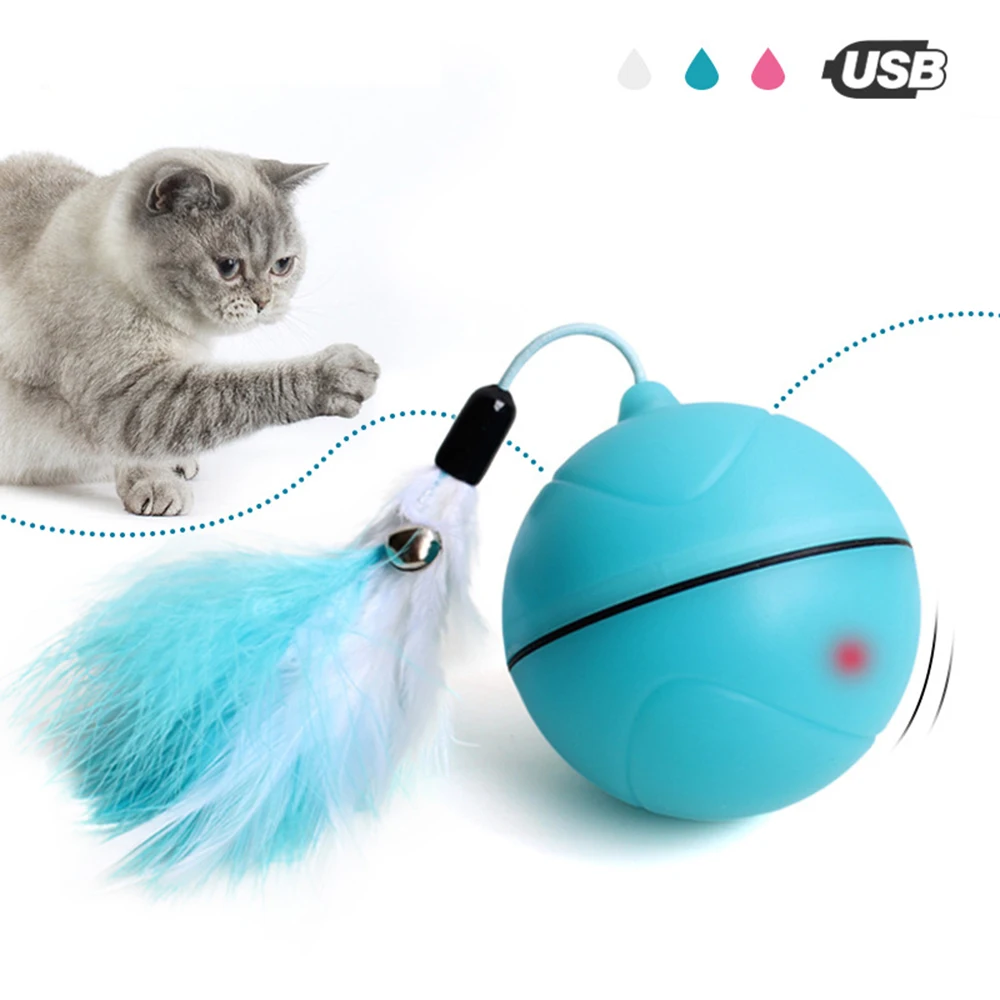 

LED Cat Ball Toy with Detachable Feather USB Rechargeable Interactive Cat Toy Automatic Electric Rolling Ball Pet Toys