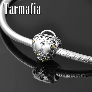 

Genuine 925 Sterling Silver CZ Heart-shaped Peace Lock Beads fit European Charm Bracelet DIY Original Silver 925 Jewelry Making