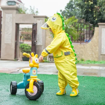 

2-9 Years Children Fashionable Waterproof Jumpsuit Raincoat Hooded Cartoon Dinosaur Kids One-Piece Rain Coat Baby Tour Rain Gear