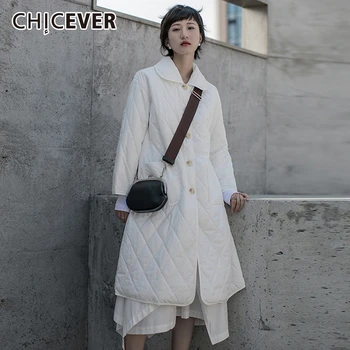 

CHICEVER Argyle Cotton Coat Female Lapel Collar Long Sleeve Large Size Casual Thick Coats Women Clothes 2020 Winter Fashion New