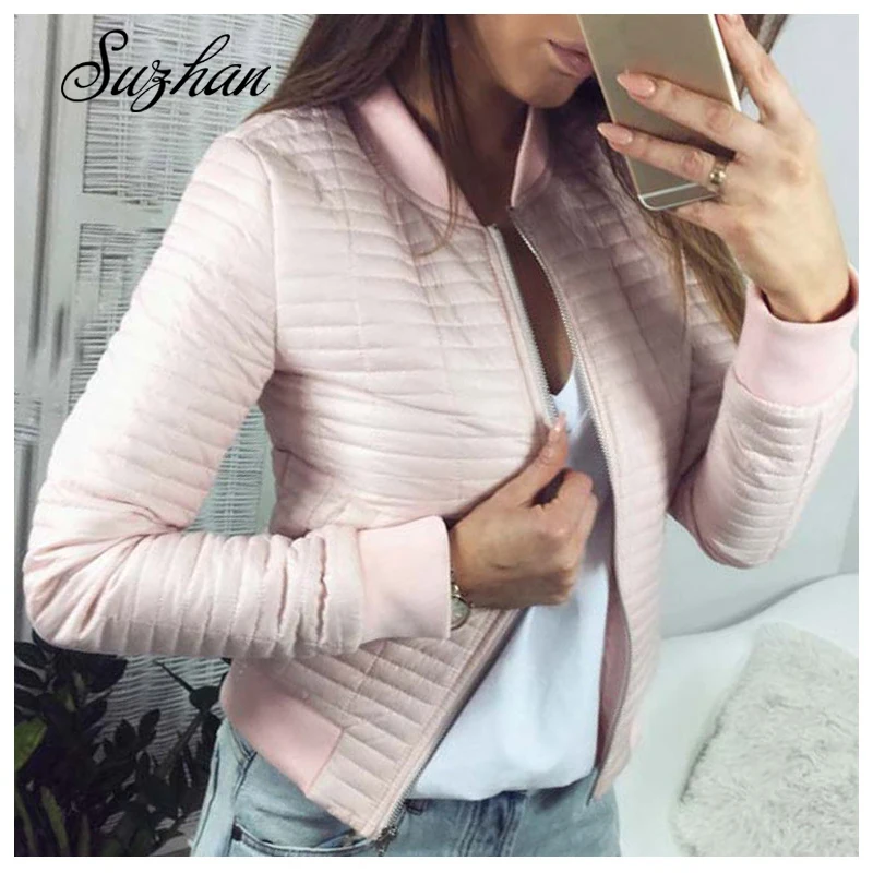 

Suzhan Autumn Winter Women Thin Jackets Fashion Basic Bomber Jacket Long Sleeve Coat Casual Stand Collar Thin Slim Fit Outerwear