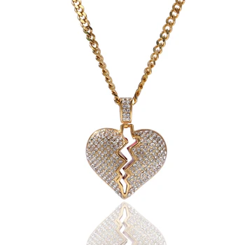 

Hip Hop Creative Full Zircon Broken Heart Pendant Necklace Stainless Steel Men Night Club Personality Trendy Jewelry Necklace