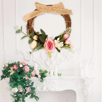 

Burlap Knot Rose Flower Wreath Valentine's Day Wedding Home Camellia Decoration Handmade Rattan Ring Spring Fresh Decoration