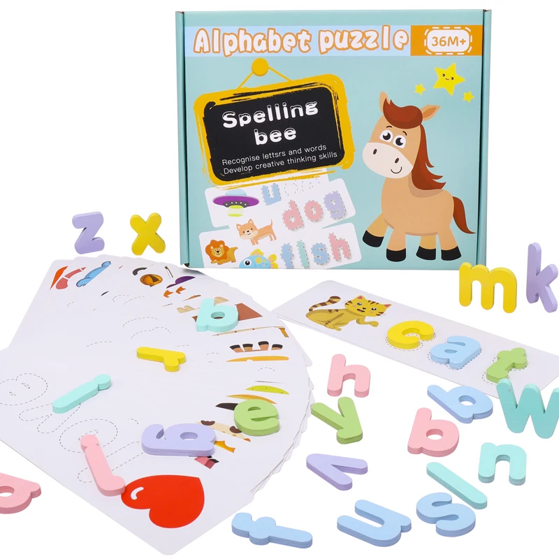 26Pcs Wood Macaron Spelling Words Puzzles Toy Lowercase English Alphabet Letters Toys for Children Cartoon Learning Cards Gift 26pcs set diy crafts english letters crystal epoxy resin mold a z alphabet shaped pendant key chain silicone mould