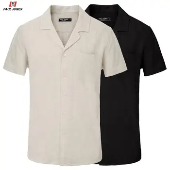 

PAUL JONES Men's V-Neck Short Sleeve Linen Shirt Casual Button Down Solid Color Breathable Shirts For Summer