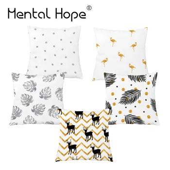 

Gold Leaf Printed Home Decorative Cushion Cover Plant Pattern Plush Throw Pillow Cover White and Black Square Pillowcase