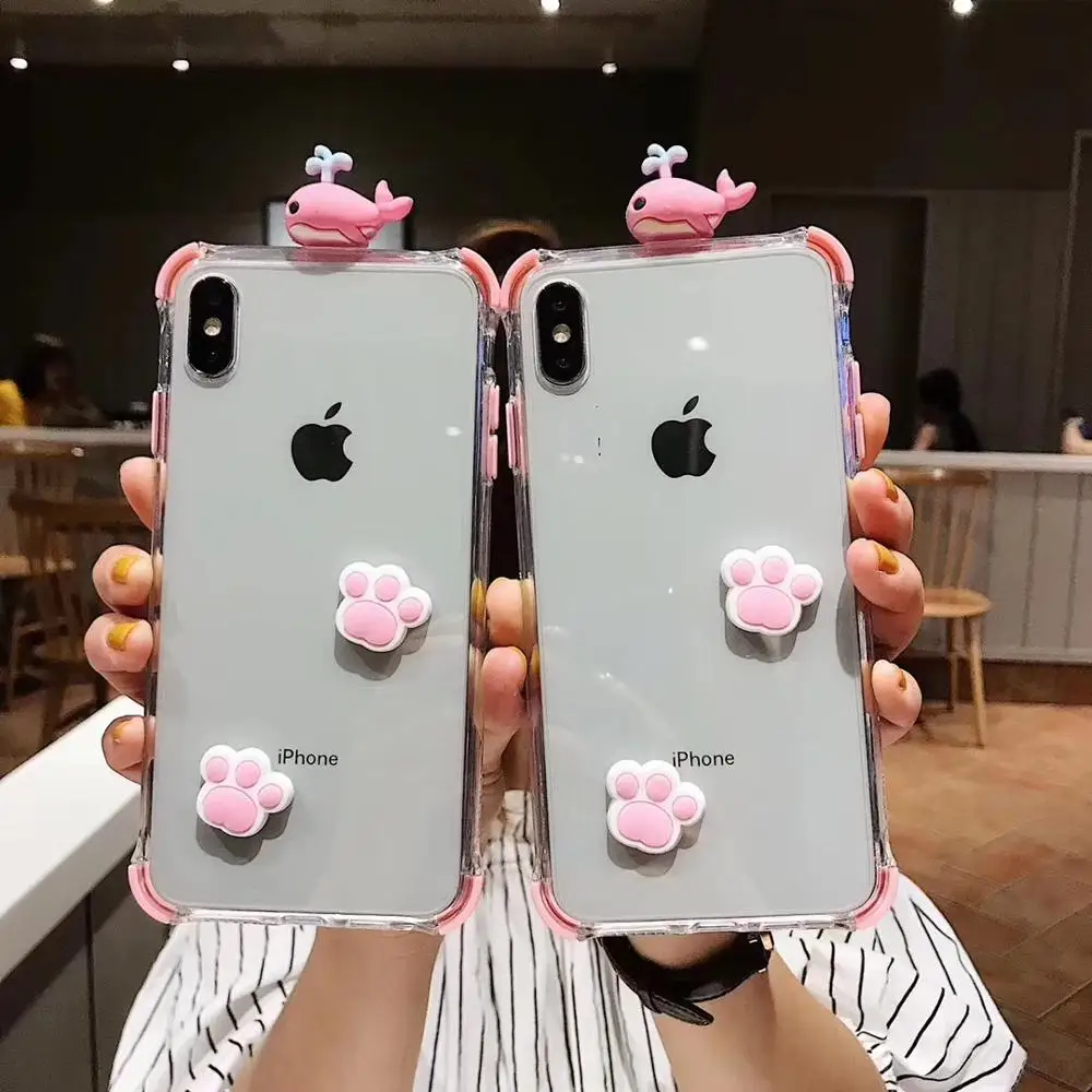 

Pink 3D cute rainbow dolphin cat claw transparent four-corner Anti-fall silicone cover for iphone MAX XS XR 7 8plus phone cases