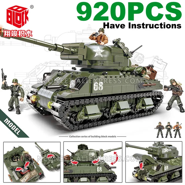 Fit MiniFigures Mega Bloks WWII Military Army Soldier T-34/85 M26 M4 Tiger Tank Lot Building Blocks Toys Model Weapon Set Lot 1