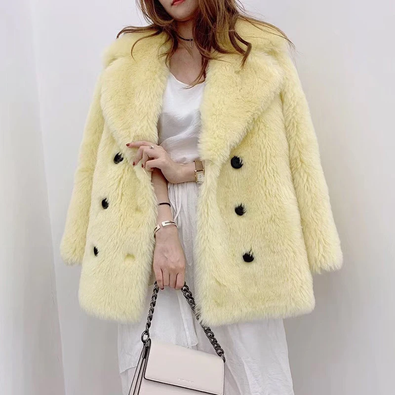 Зимнее пальто женское толстое теплое пальто из натурального овечьего меха плюс размер женские топы и блузки модная повседневная одежда шерстяная куртка - Цвет: Yellow