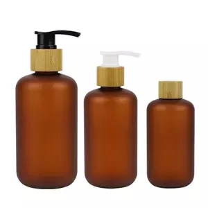 대나무 뚜껑 60ml 120ml 250ml 500ml 앰버 젖빛 플라스틱 병 화장품 용기 휴대용 여행용 로션 크림 리필용 병