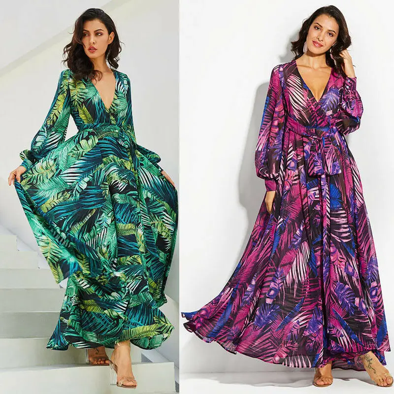 

Women Boho Long Maxi Dress Casual Spring Autumn Long Sleeve V Neck Ladies Empire Party Beach Street Dresses Plus Size S-5XL