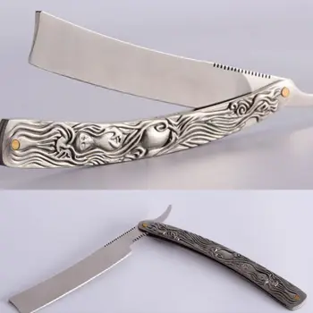 

Vintage Classic Men Straight Edge Shaving Razor Steel Embossed Handle Folding Knife Multifunctional Manual Beard Shaver