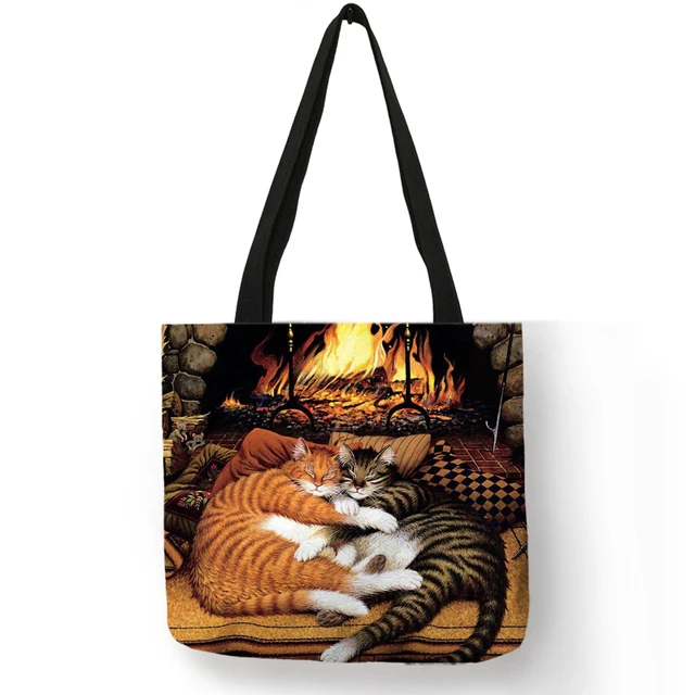Customize Oil Painting Cat Print Womens Designer Tote Bags Linen Reusable Shopping Bag For Groceries Shoulder Bags for Lady 2020 010