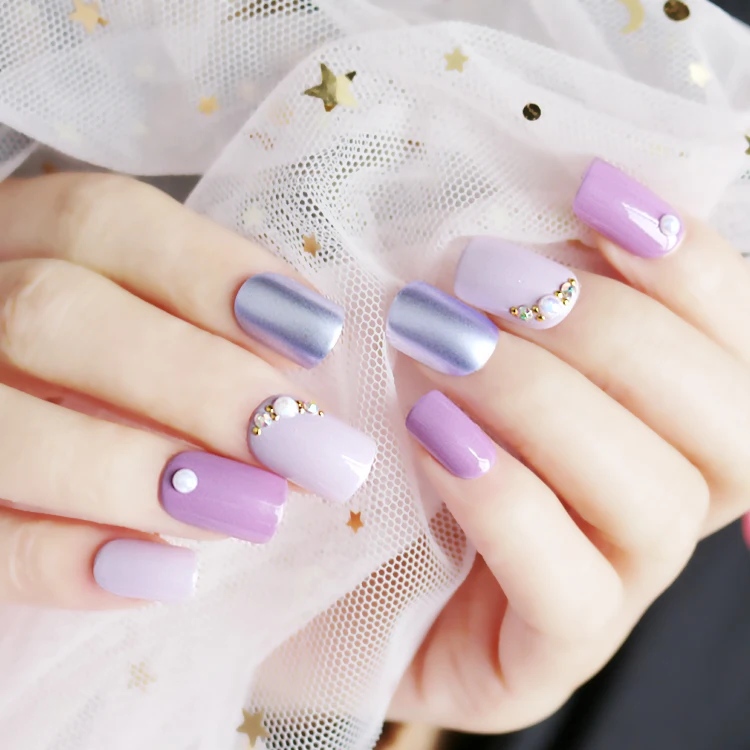 

24pcs Punk False Nails Full Cover Artificial Full Diamond Design Fake Nails Press On Nail Tips Short Nail Art Tip Purple
