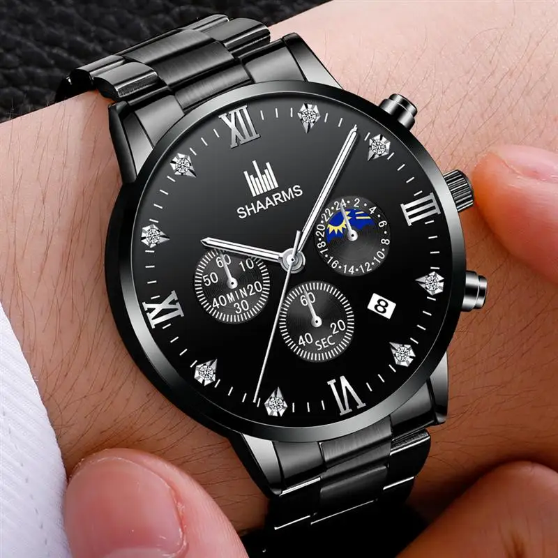 Shaarms Mens Watches Luxury Alloy Case Roman Numeral Display Date Dial Quartz Wristwatch Casual Business Watch Man Clock