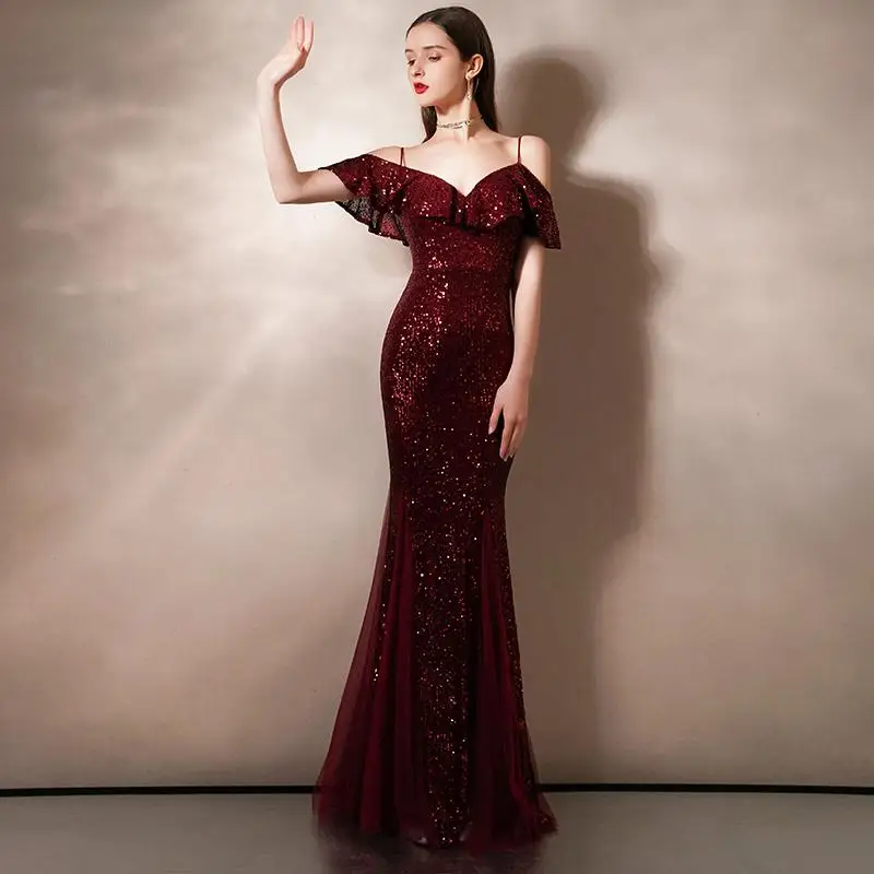 Изысканное шикарное вечернее платье для вечеринки, Дамское, Qipao, элегантное, Русалочка, бургундское Платье De Soiree, сексуальное, с открытыми плечами, на бретельках, Vestidos - Цвет: Burgundy