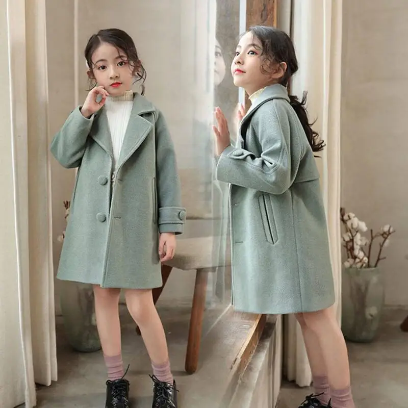 Г. Осенне-зимняя элегантная шерстяная куртка для девочек Новое Модное детское однотонное повседневное теплое пальто Детская уплотненная шерсть верхняя одежда K13
