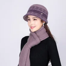 

Ladies Autumn Winter New Style Plus Fleece Pot Hat Middle-Aged And Elderly All-Match Rabbit Fur Warm Knitted Hat And Scarf Set