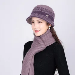 Ladies Autumn  Winter New Style Plus Fleece Pot Hat Middle-Aged And Elderly All-Match Rabbit Fur Warm Knitted Hat And Scarf Set