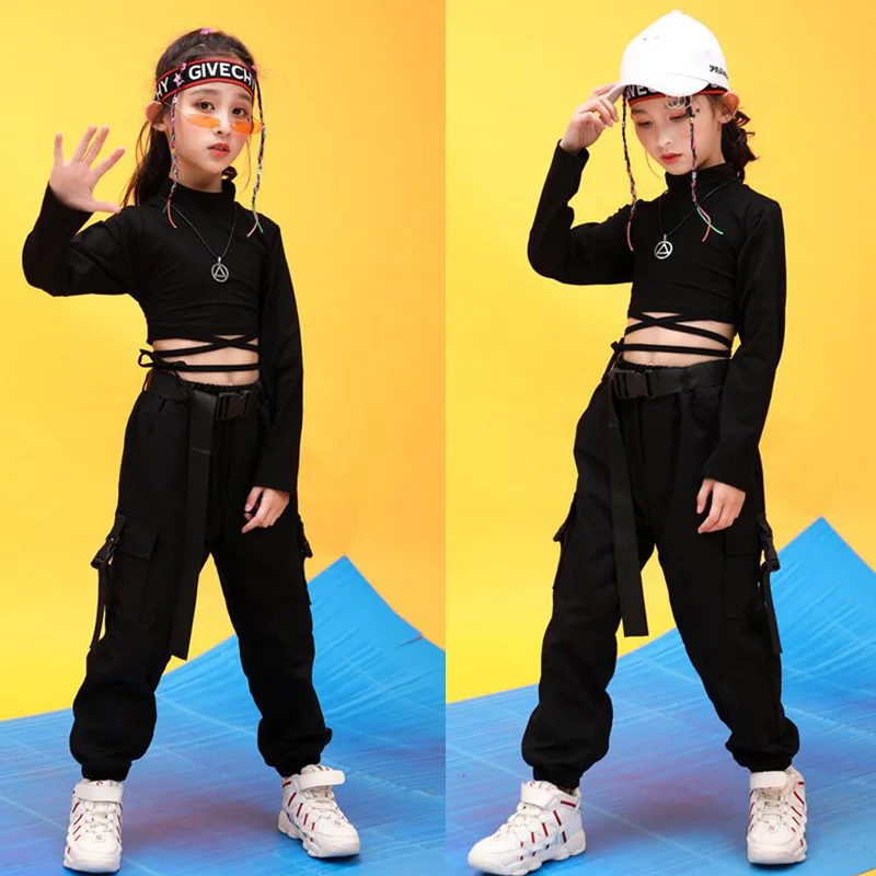 Girl dance costume children costumes children hip hop clothing sweatshirt black shirt top crop casual pants for girl jazz dance costume ballroom dancing clothes