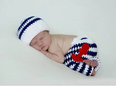 

NEWBORN Photography Prop,newborn Hats,baby crochet Beanie,baby sailor stripes Hat And Pants baby Set NB-3 m cotton