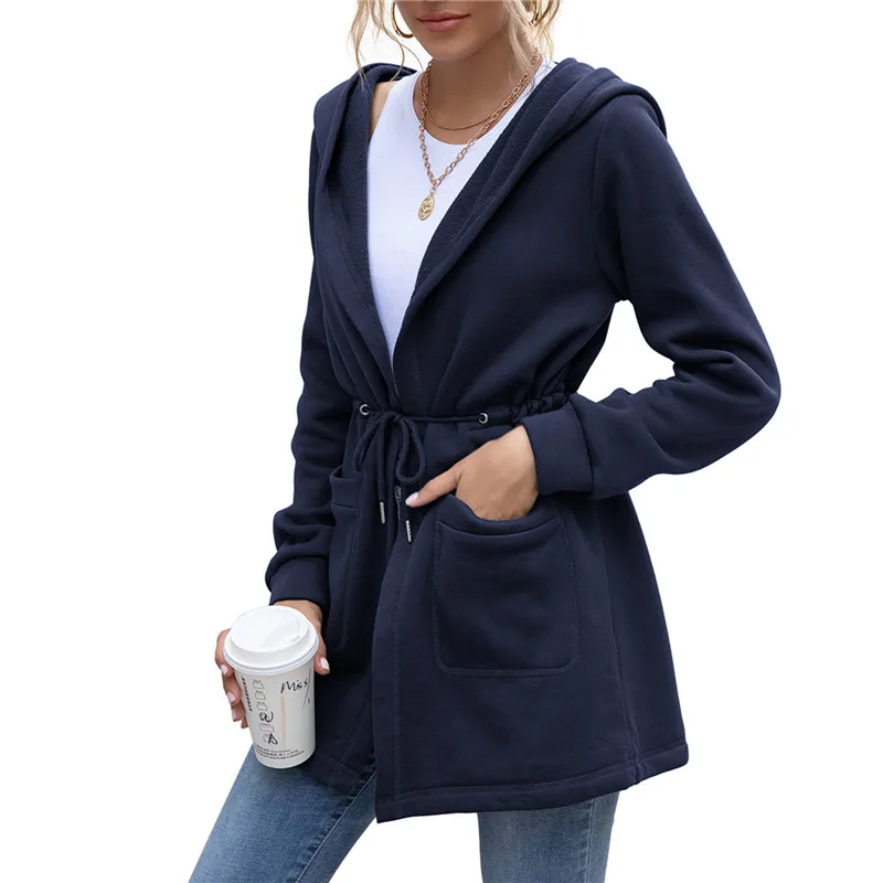 

Women Fashion Long Sleeve Hooded Coat Stylish Pocket Solid Color Coat for Ladies Female Mid-length Trench Coat
