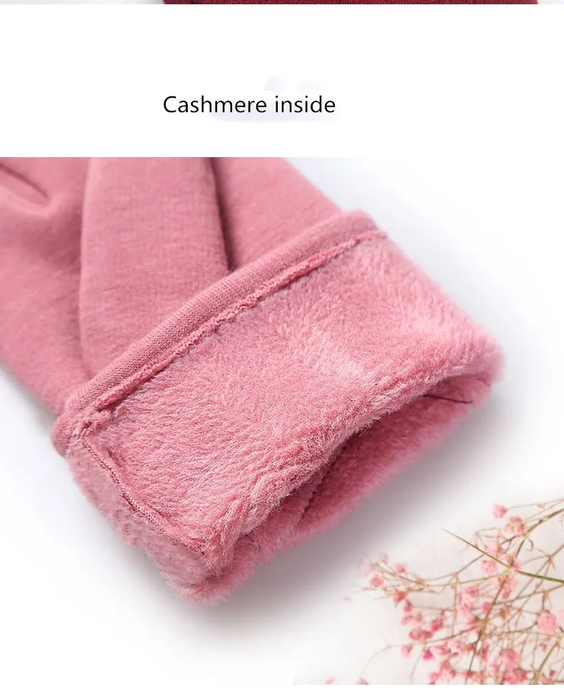 1 Pair Hot Fashion Autumn Winter Gloves For Women Suede Warm Comfortable Mittens With Bow Plus Velvet Thick Ladies Gloves
