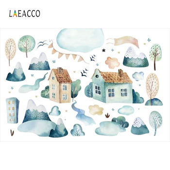 

Laeacco House Clouds Trees Grass Mountains Photography Backdrops Baby Birthday Photo Backgrounds Child Newborn Photophone Props