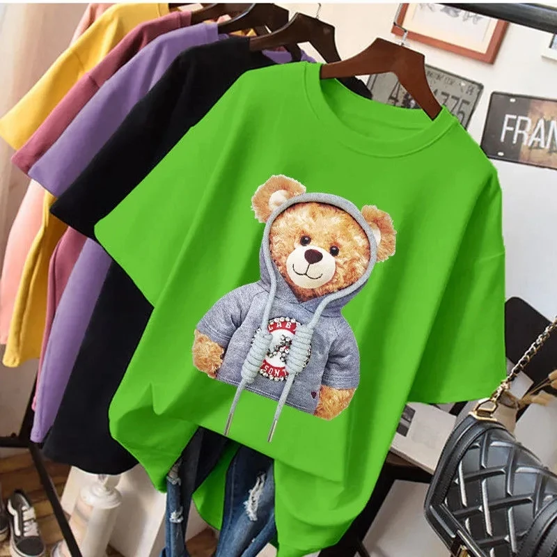Camiseta de algodón puro para mujer, Camisetas estampadas con mangas cortas para estudiantes, top holgado, versión coreana de fondo, 2021